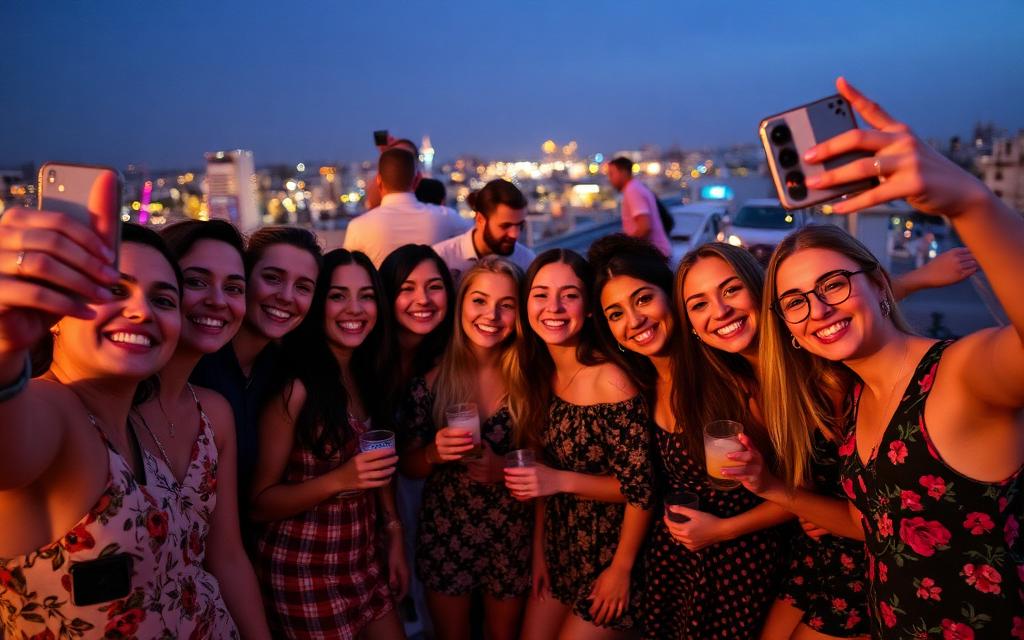 Grupo de amigos haciéndose un selfie en una fiesta