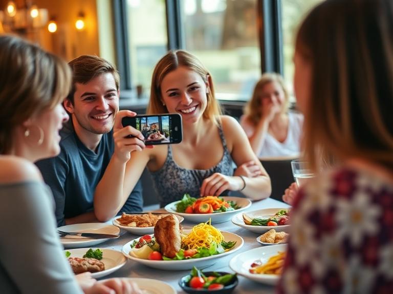 Persona fotografiando la comida en una mesa con amigos