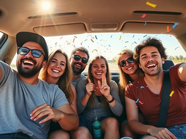 Grupo de amigos celebrando en un viaje en coche